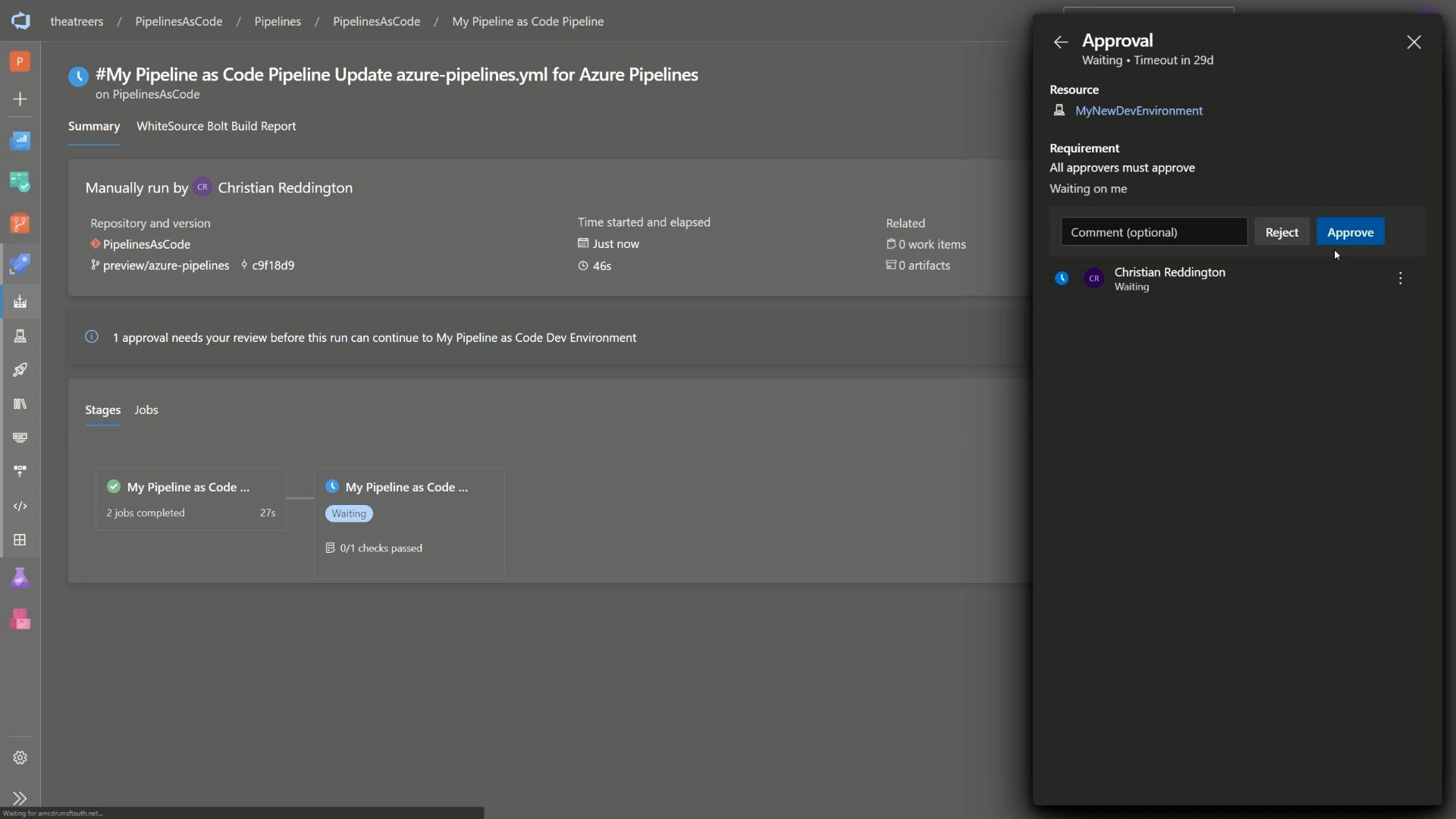 Screenshot showing the pending approval in our dev environment