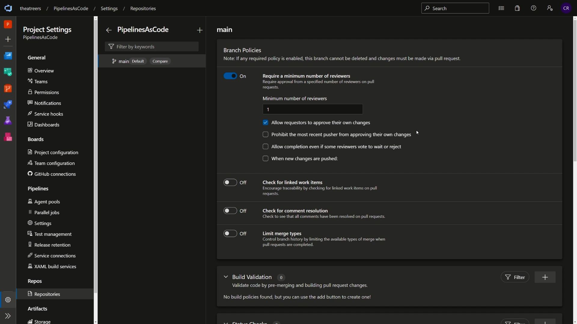 Screenshot showing the main branch policy configuration of reviewers as 1, and allowing requestors to approve their own changes