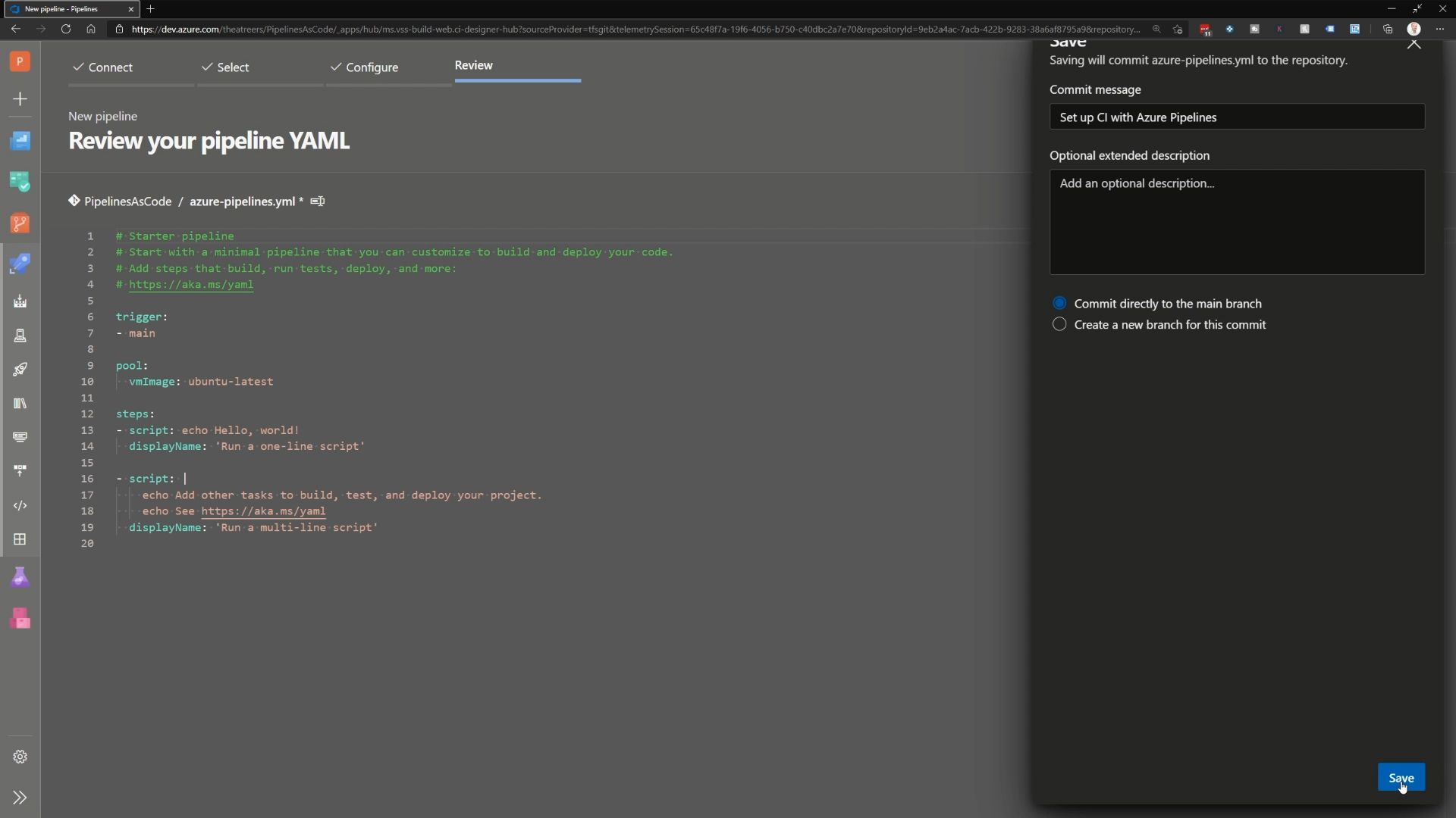 Screenshot showing a starter YAML pipeline being saved to the main branch