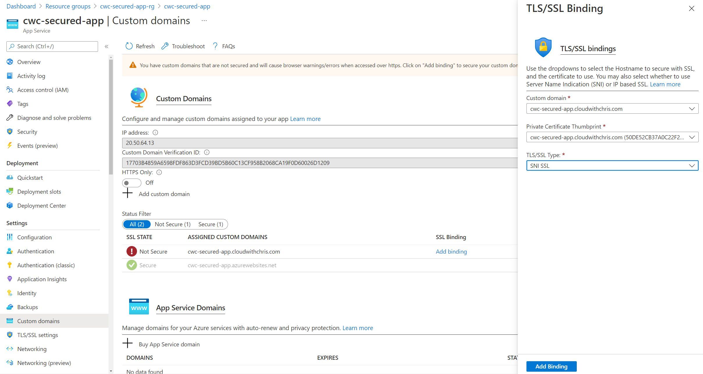 Screenshot showing the binding process between the custom domain and the newly generated certificate