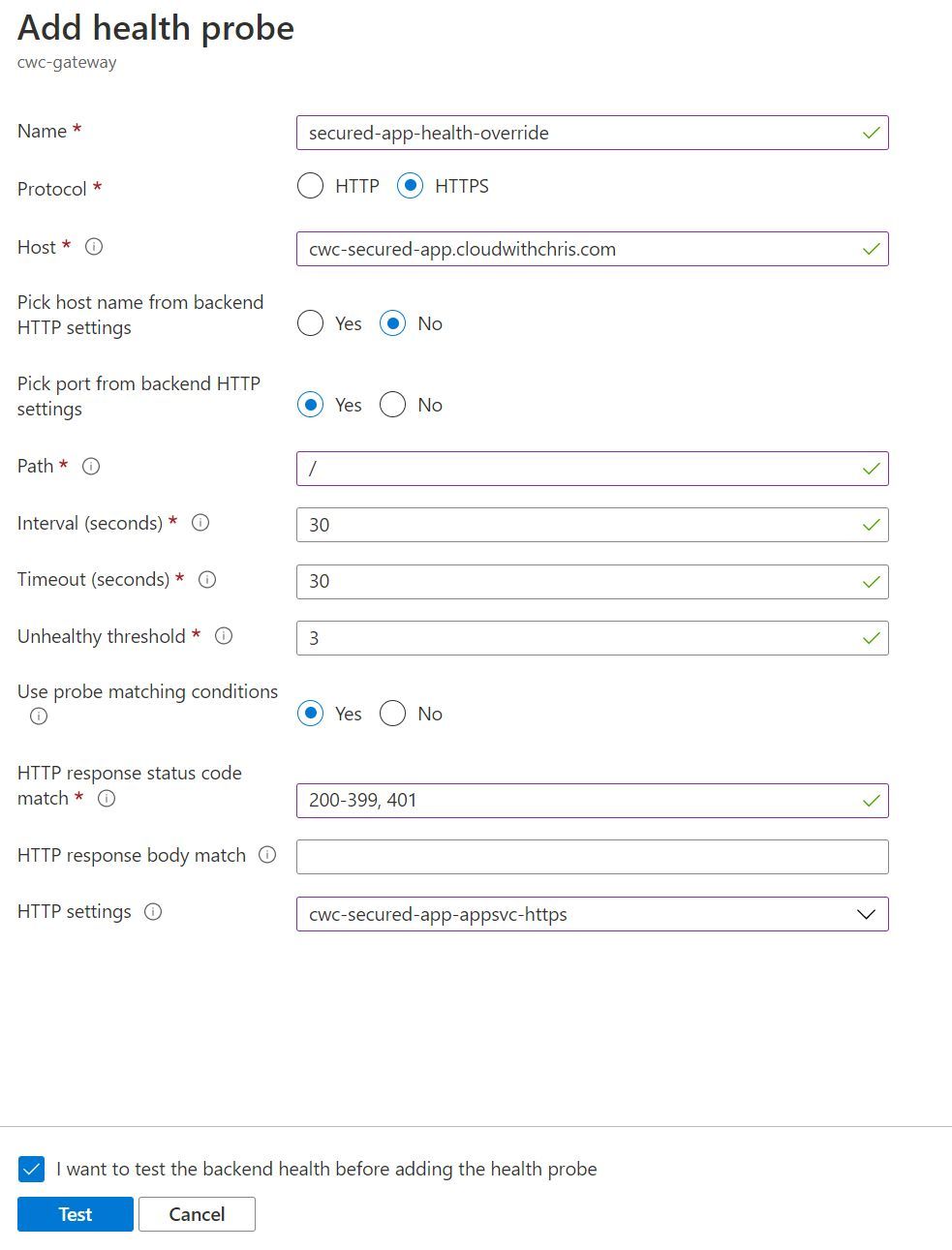 Screenshot showing the the Custom Health Probe being configured for our existing HTTP Setting