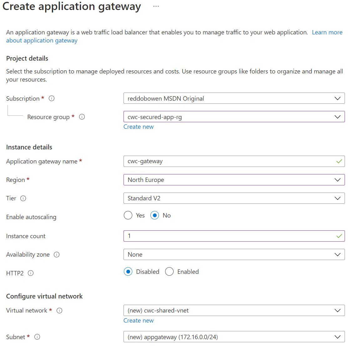 Screenshot showing the Basics tab of the Application Gateway creation experience