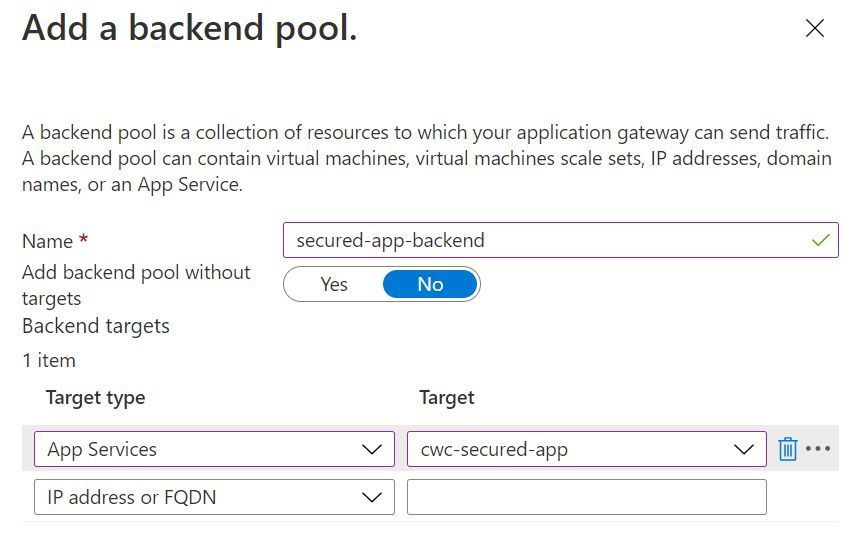 Screenshot showing the the backend pool configuration in the application gateway creation experience