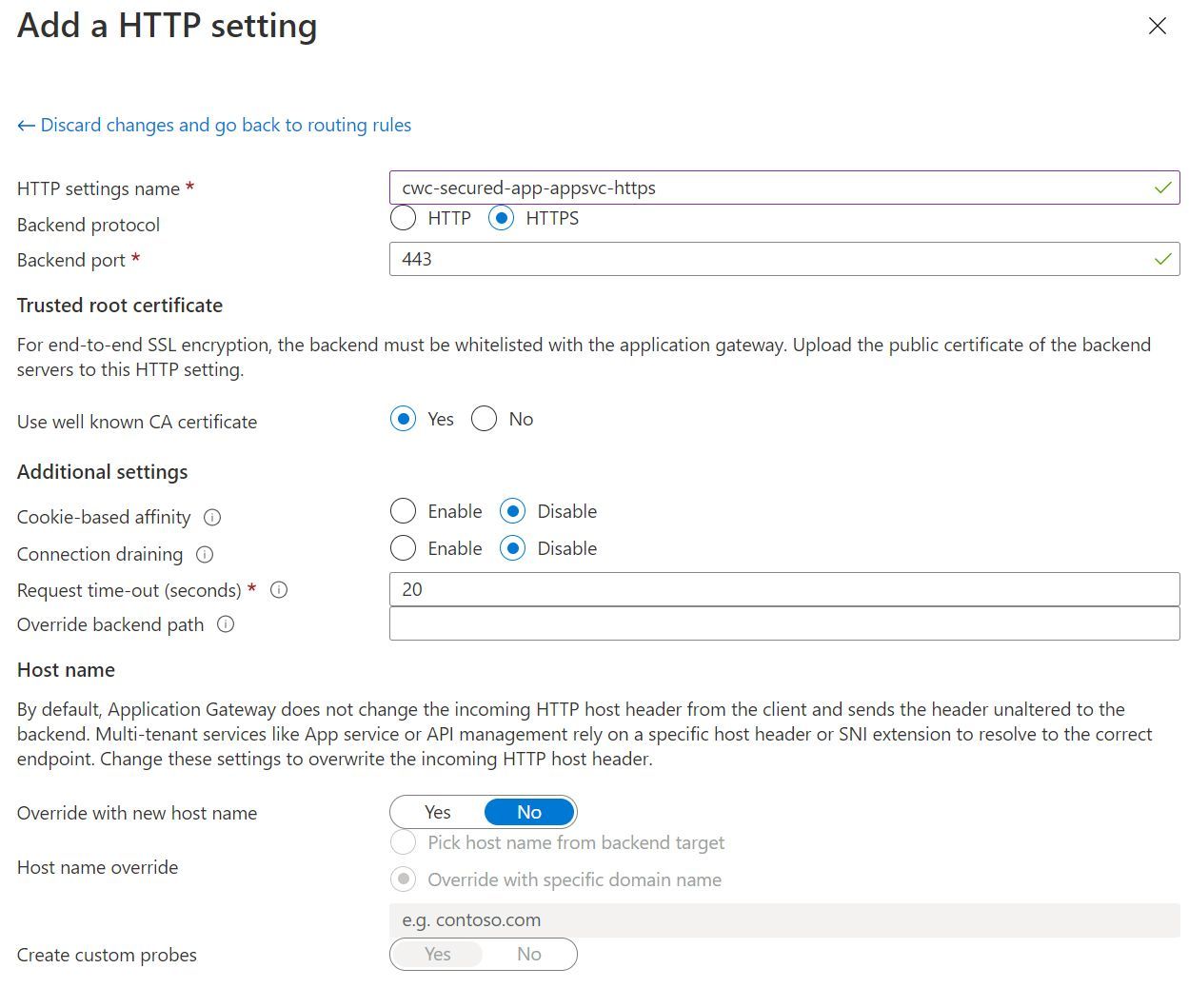 Screenshot showing the the HTTP Settings configuration in the Backend setup experience