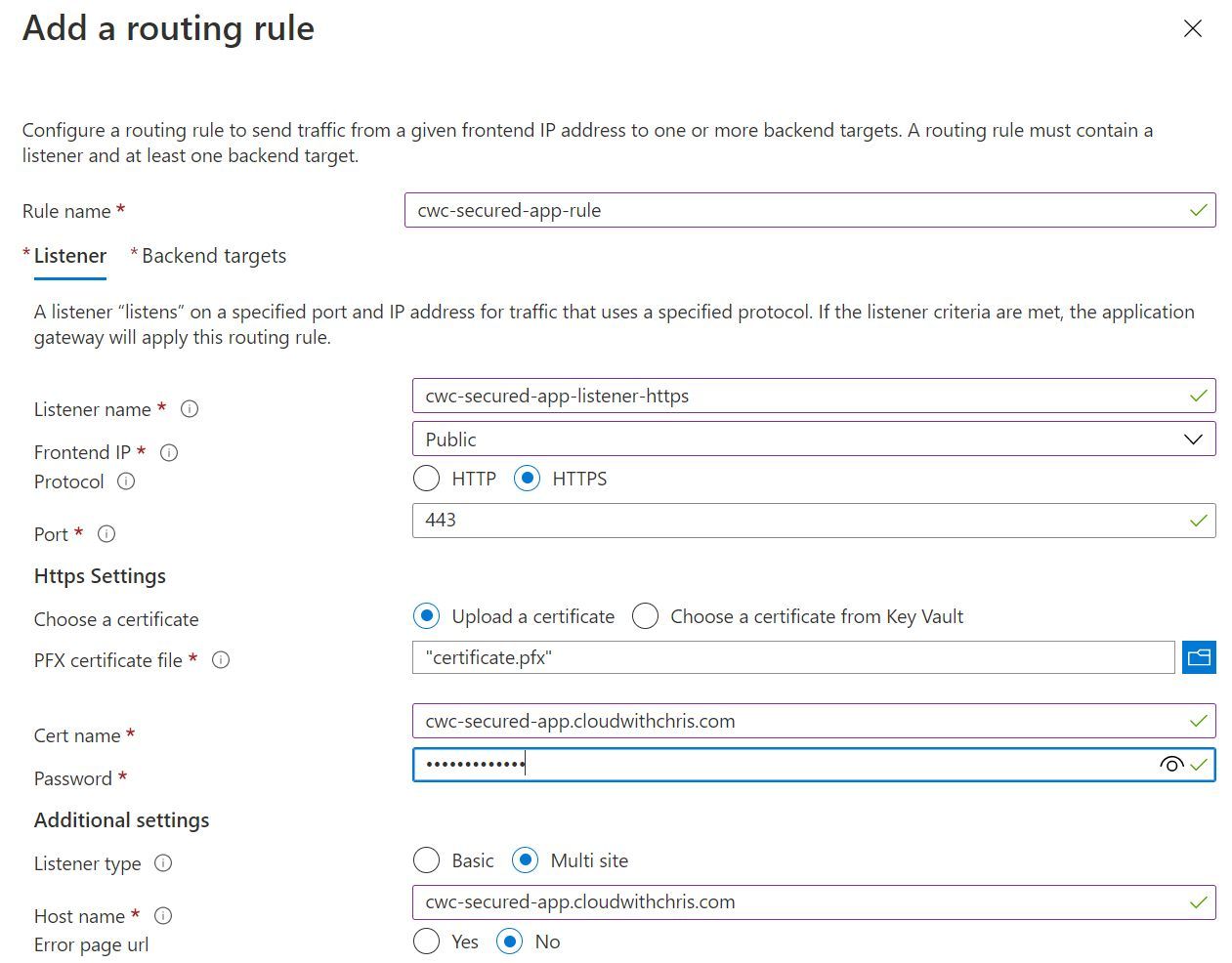 Screenshot showing the the listener configuration in the Routing Rule setup experience