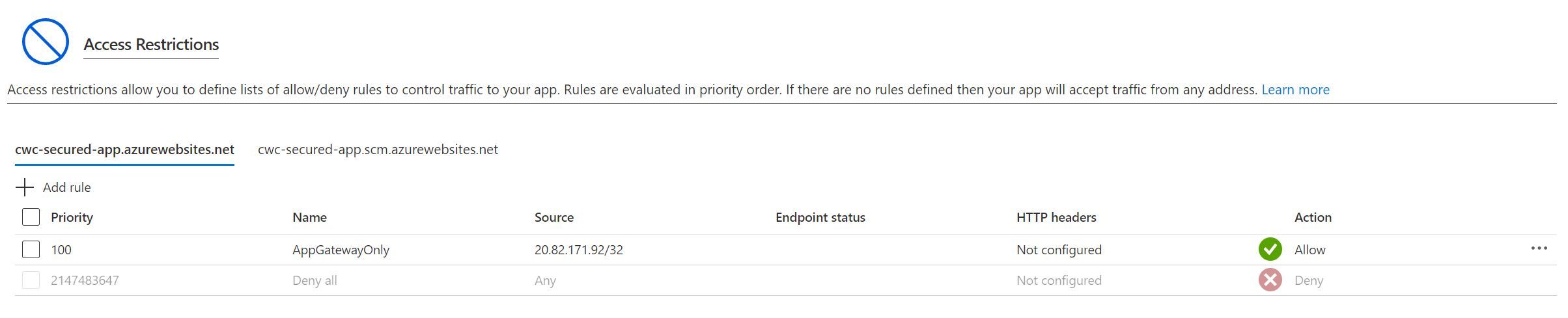 Screenshot showing the that one rule is allowed from the Application Gateway IP address, as well as a Deny All rule which is automatically created for us