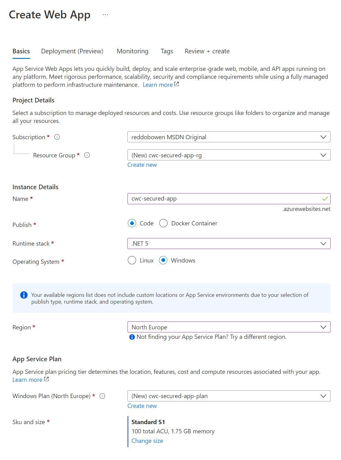 Screenshot showing the App Service settings that I used. This is for illustration purposes, and does not need to be replicated directly.