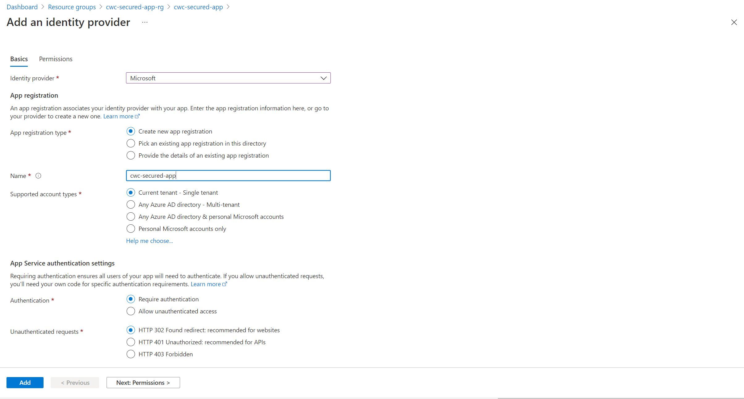 Screenshot showing the App Easy Auth configuration settings that I used, as explained above