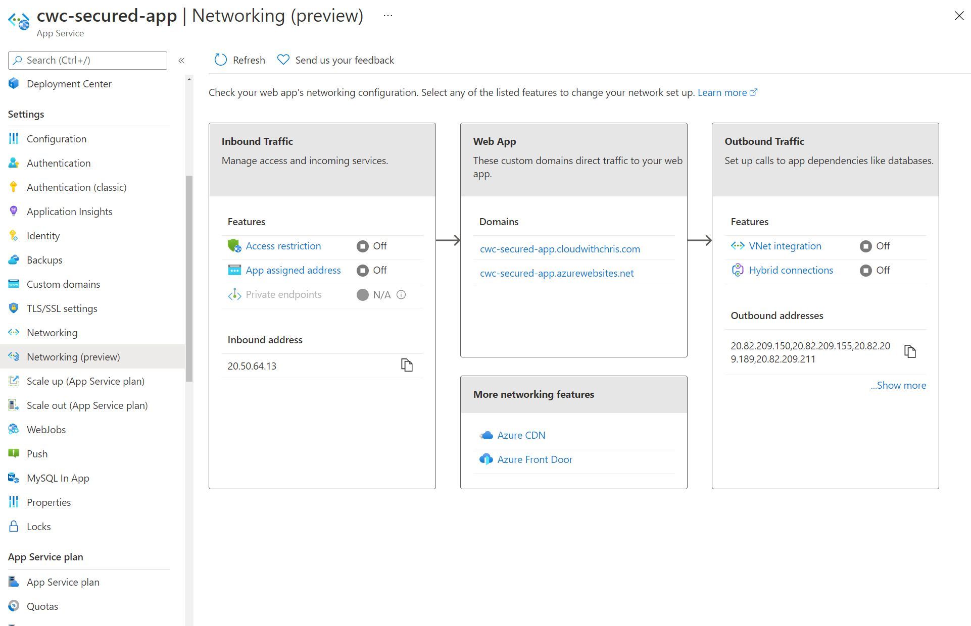 Screenshot showing the Networking (preview) UI within the App Service that we have been working on