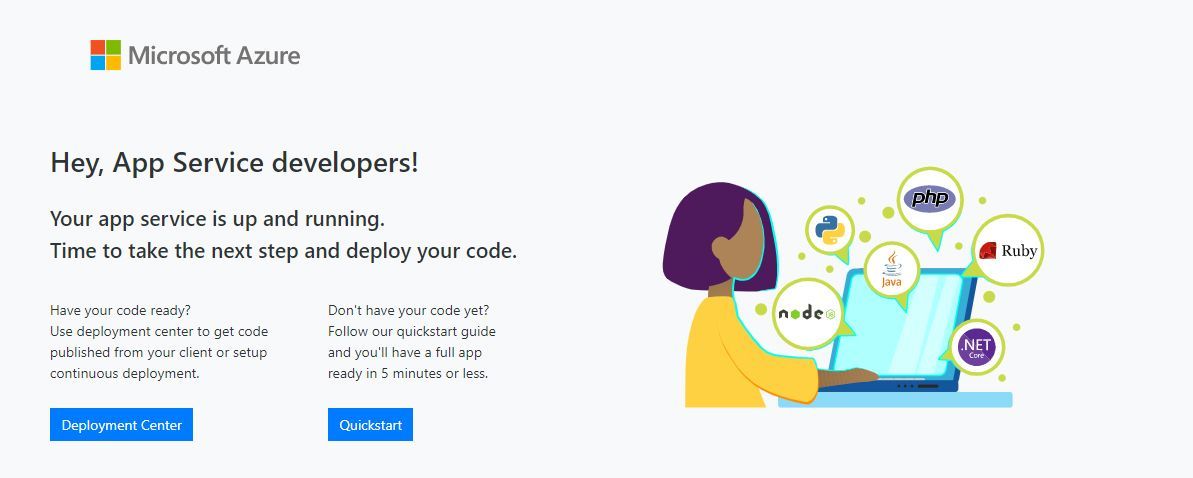 Screenshot showing the App Service default page