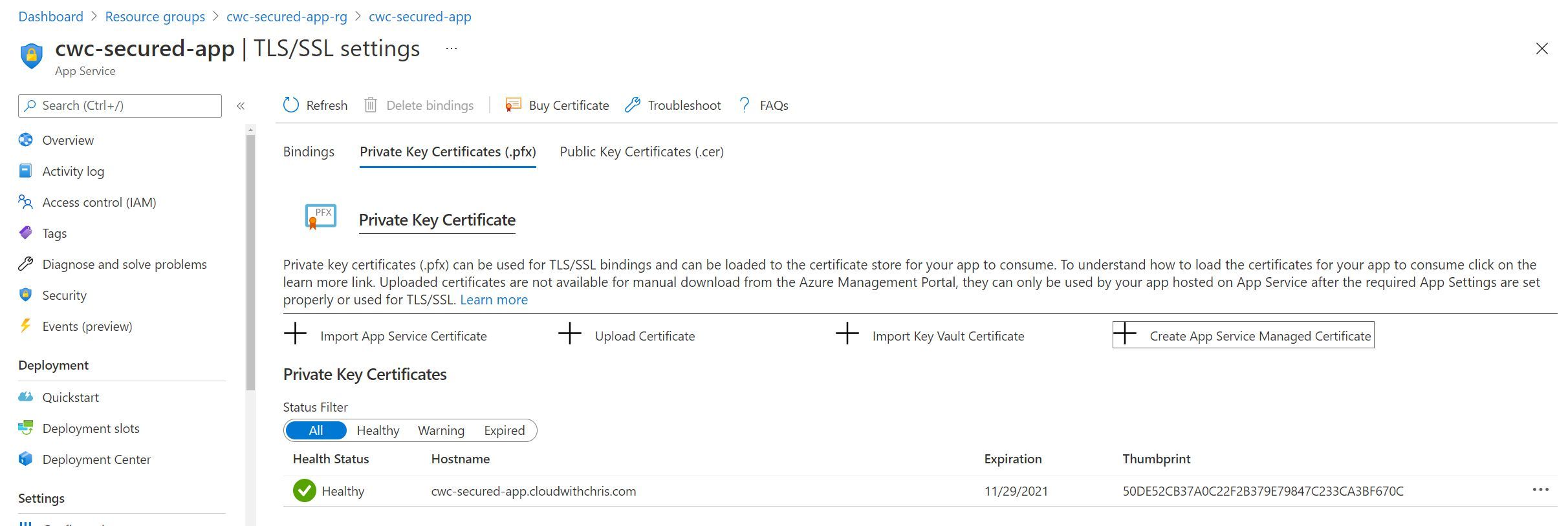 Screenshot showing that the certificate has now been created