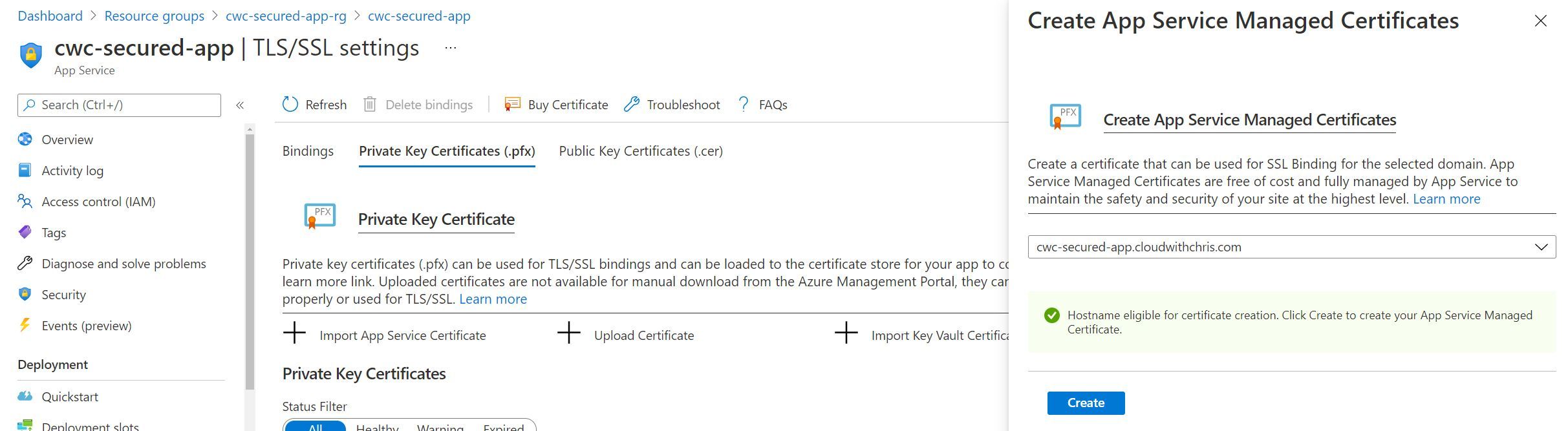 Screenshot showing that the hostname is now eligible since we mapped the CNAME record to App Service