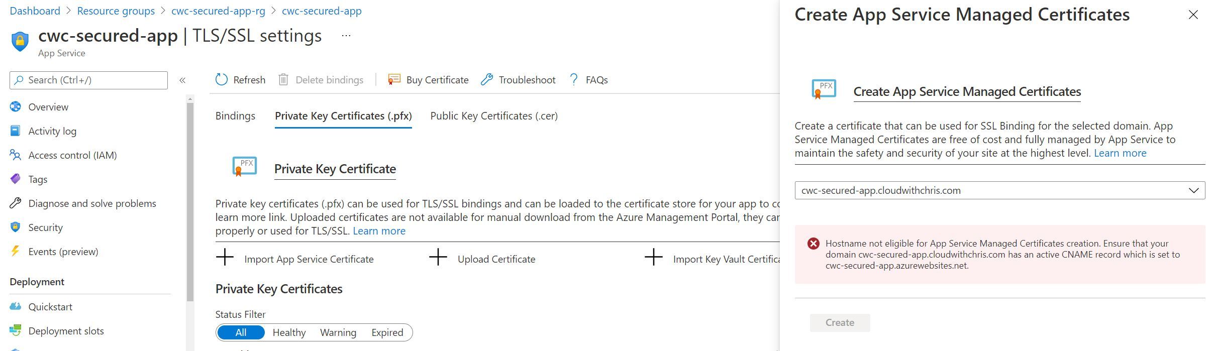 Screenshot showing that a CNAME record mapping is required to obtain an App Service Managed Certificate