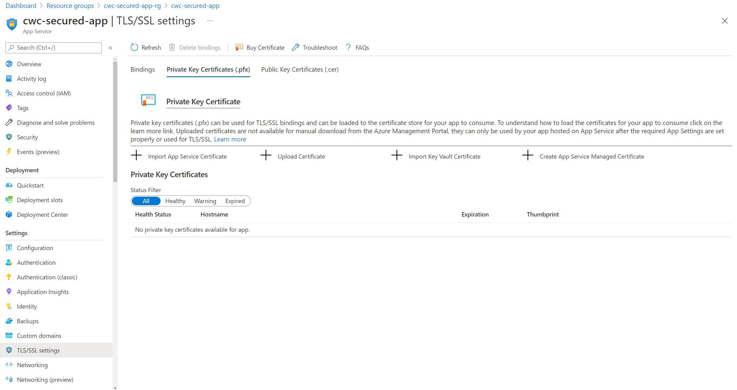 Screenshot showing the Private Key Certificates tab of the TLS/SSL settings page in App Service