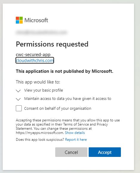 Screenshot showing a request to accept the application permissions