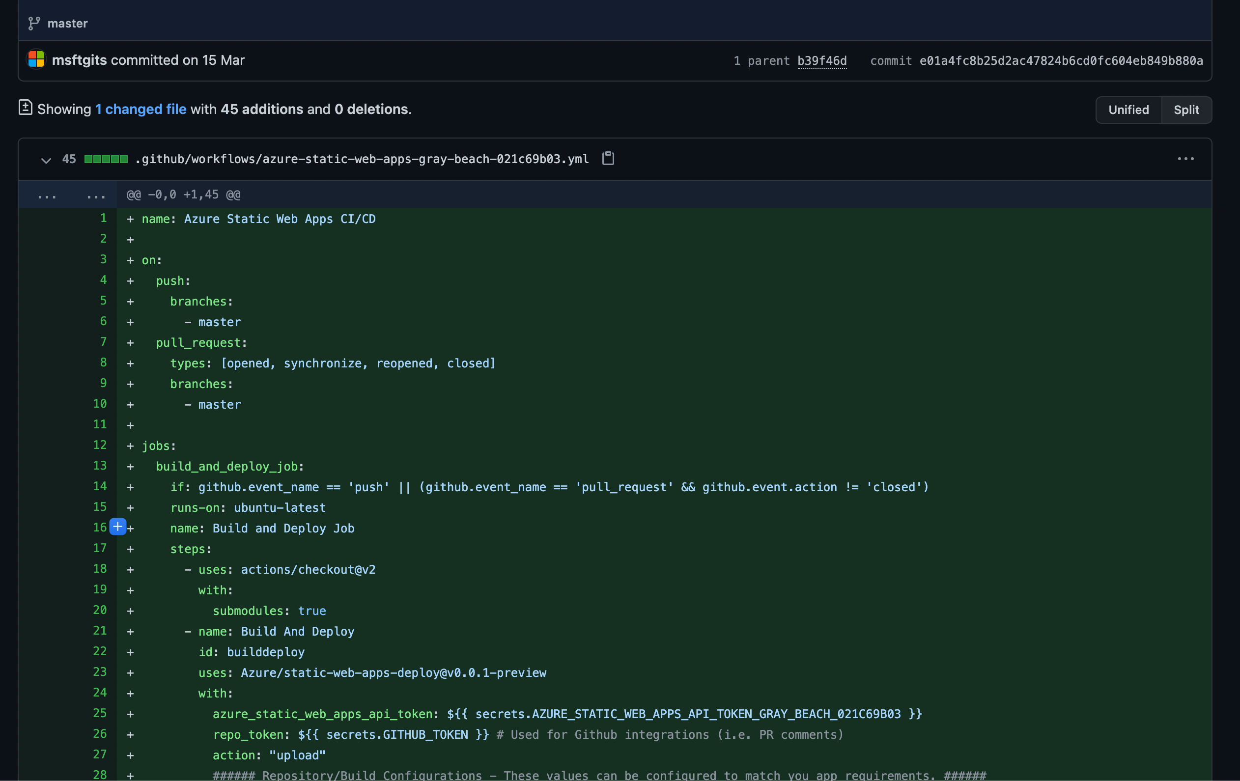 Screenshot showing the committed GitHub Actions workflow File