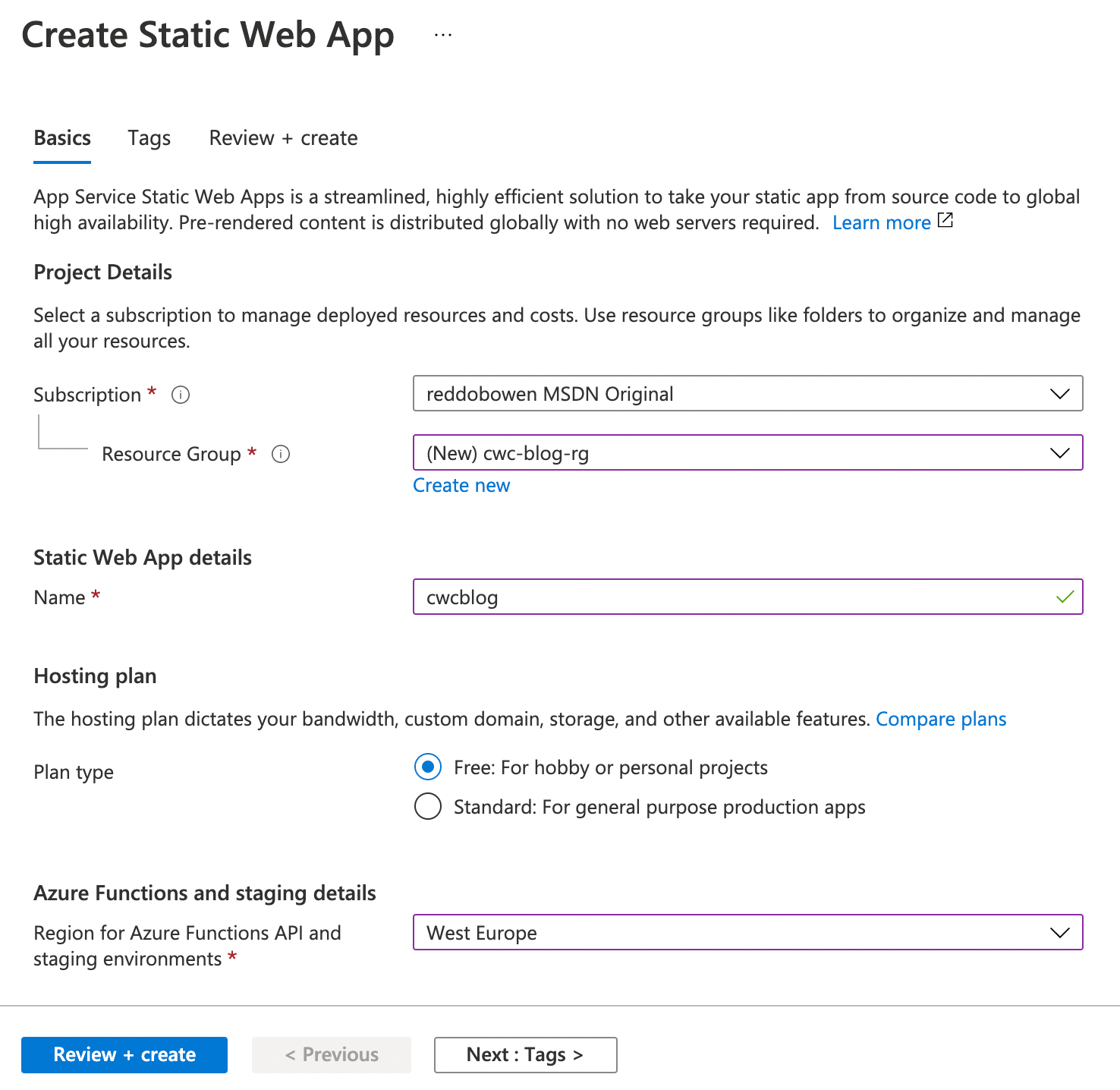 Screenshot of the Azure Static Web Apps creation process - part 1