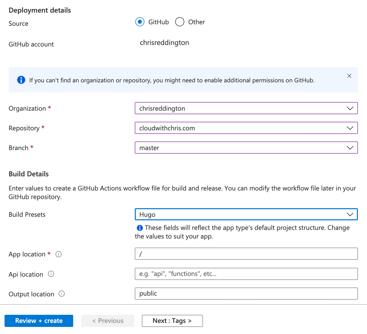 Screenshot of the Azure Static Web Apps creation process - part 2