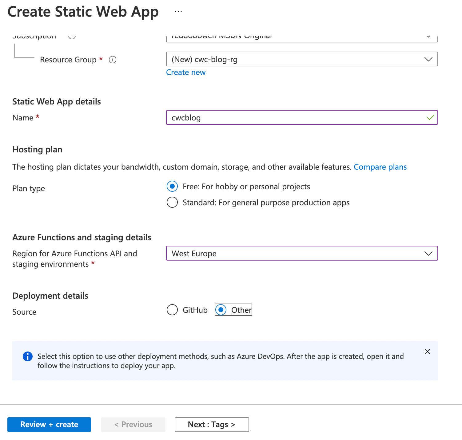 Screenshot of the Azure Static Web Apps creation process - part 2