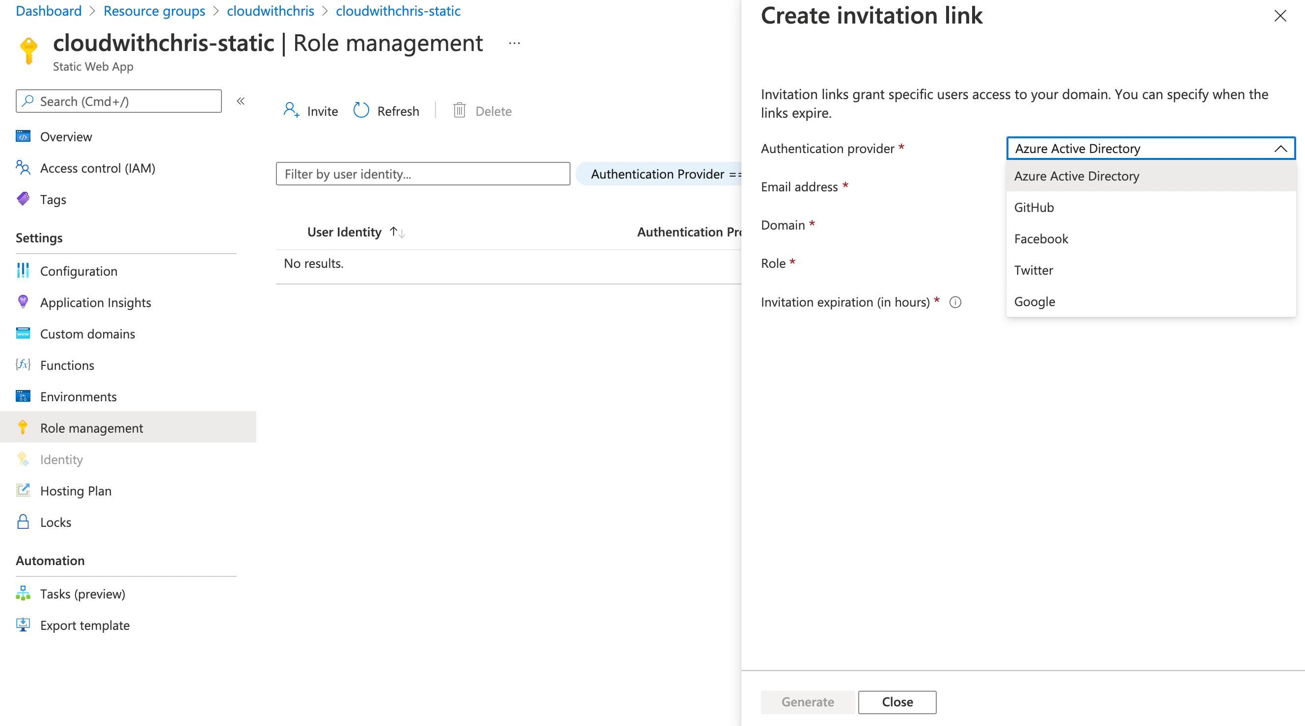 Screenshot of the role management/authentication/identity functionality in Static Web Apps