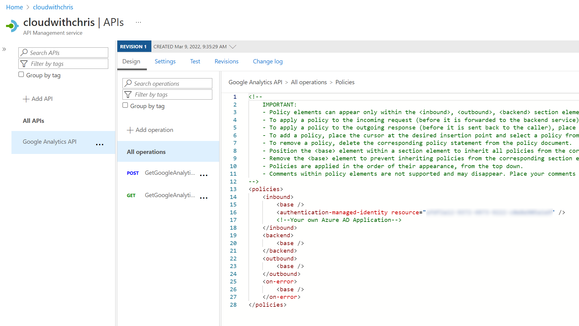 Screenshot showing the policy editor for the Google Analytics API (applies to all operations under that). It has the authentication-managed-identity policy configured against a Client ID that represents the Client ID of the backend application (in this case, an App Registration for the backend Azure Function)