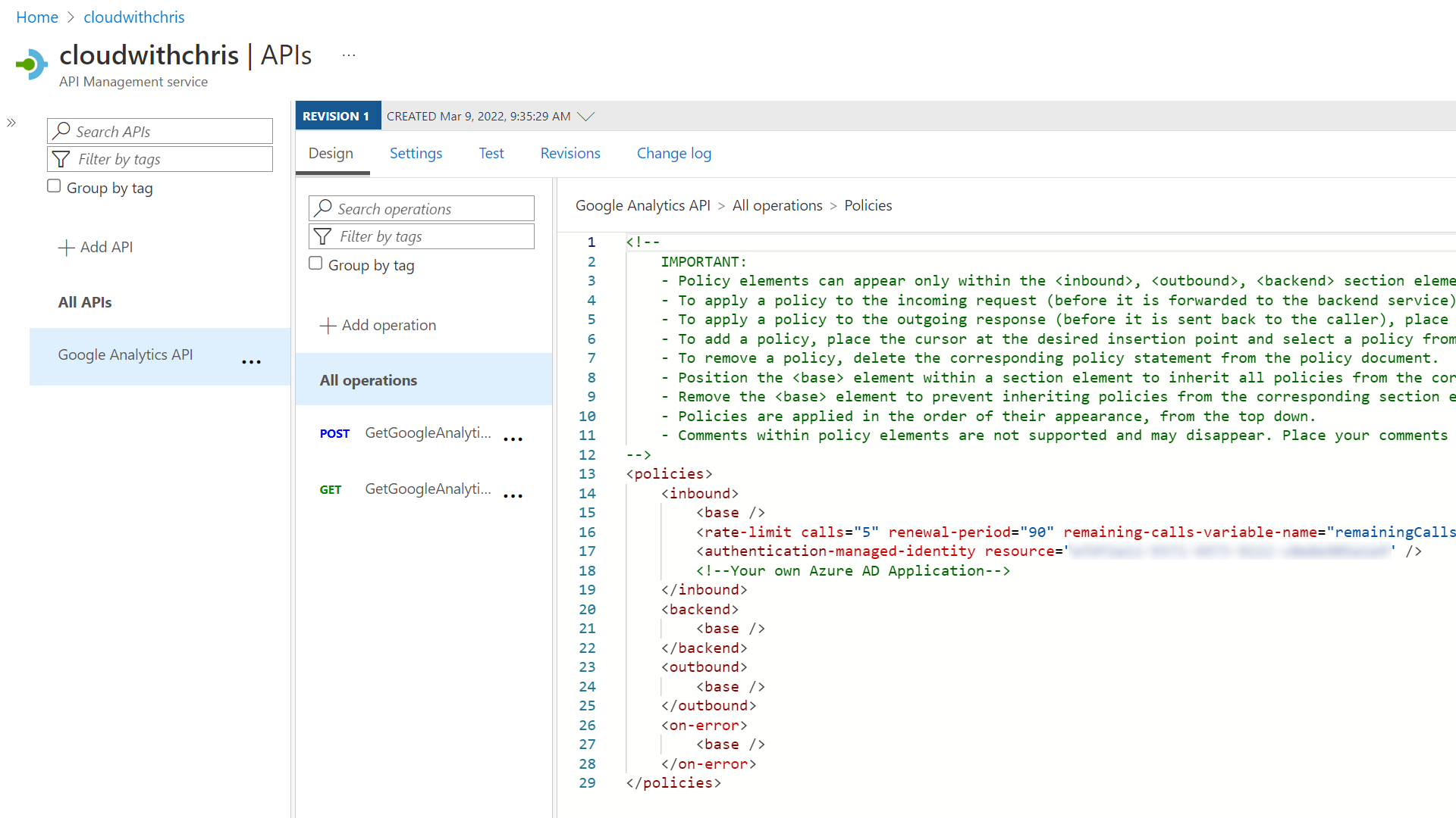 Screenshot showing the policy editor for the Google Analytics API (applies to all operations under that). It has the authentication-managed-identity policy configured against a Client ID that represents the Client ID of the backend application, as well as a rate-limit policy configured to allow 5 calls across 90 seconds.