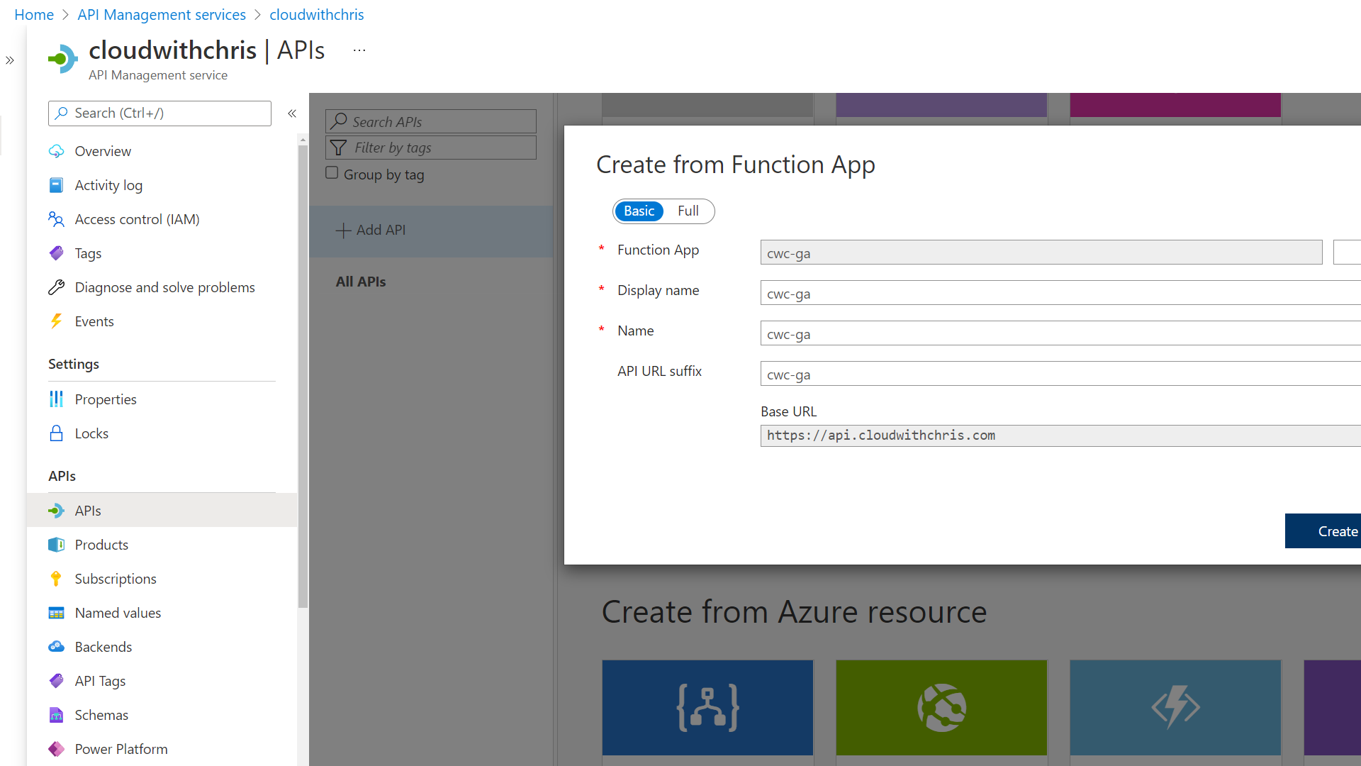 Screenshot showing the Azure Function being imported into the API Management instance