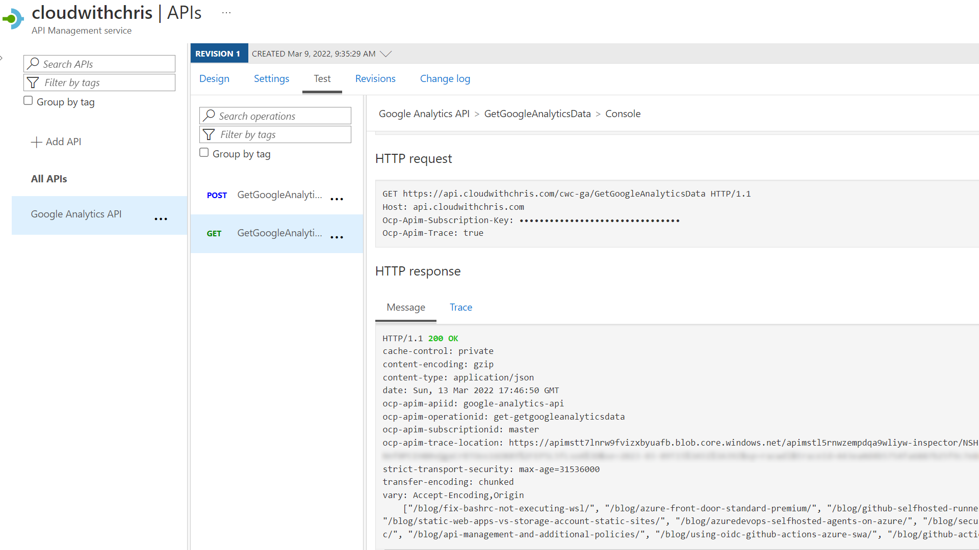Screenshot showing the Test Tab in Azure API Management successfully called the backend API, with a 200 HTTP Status code and a JSON object returned in the result.