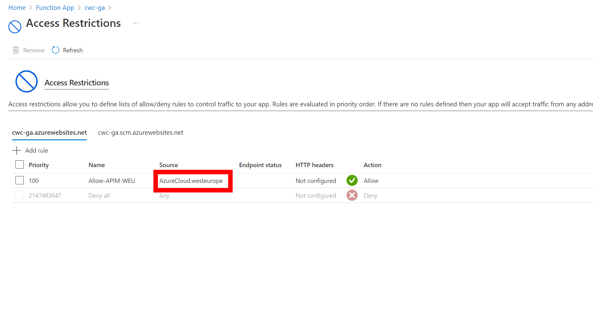Screenshot showing an Access Restriction configured with an allow rule for the AzureCloud.westeurope Service Tag.