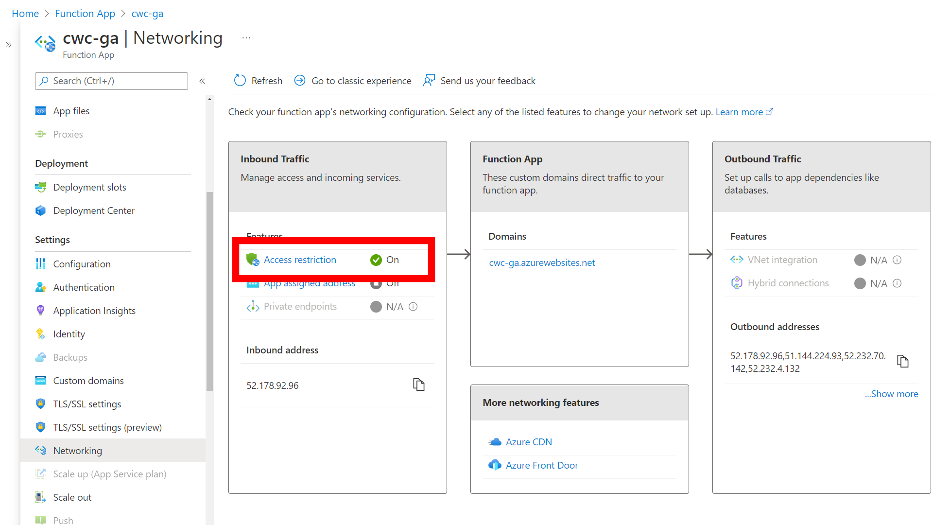 Screenshot showing the networking tab of Azure Functions with the Access Restriction option enabled.