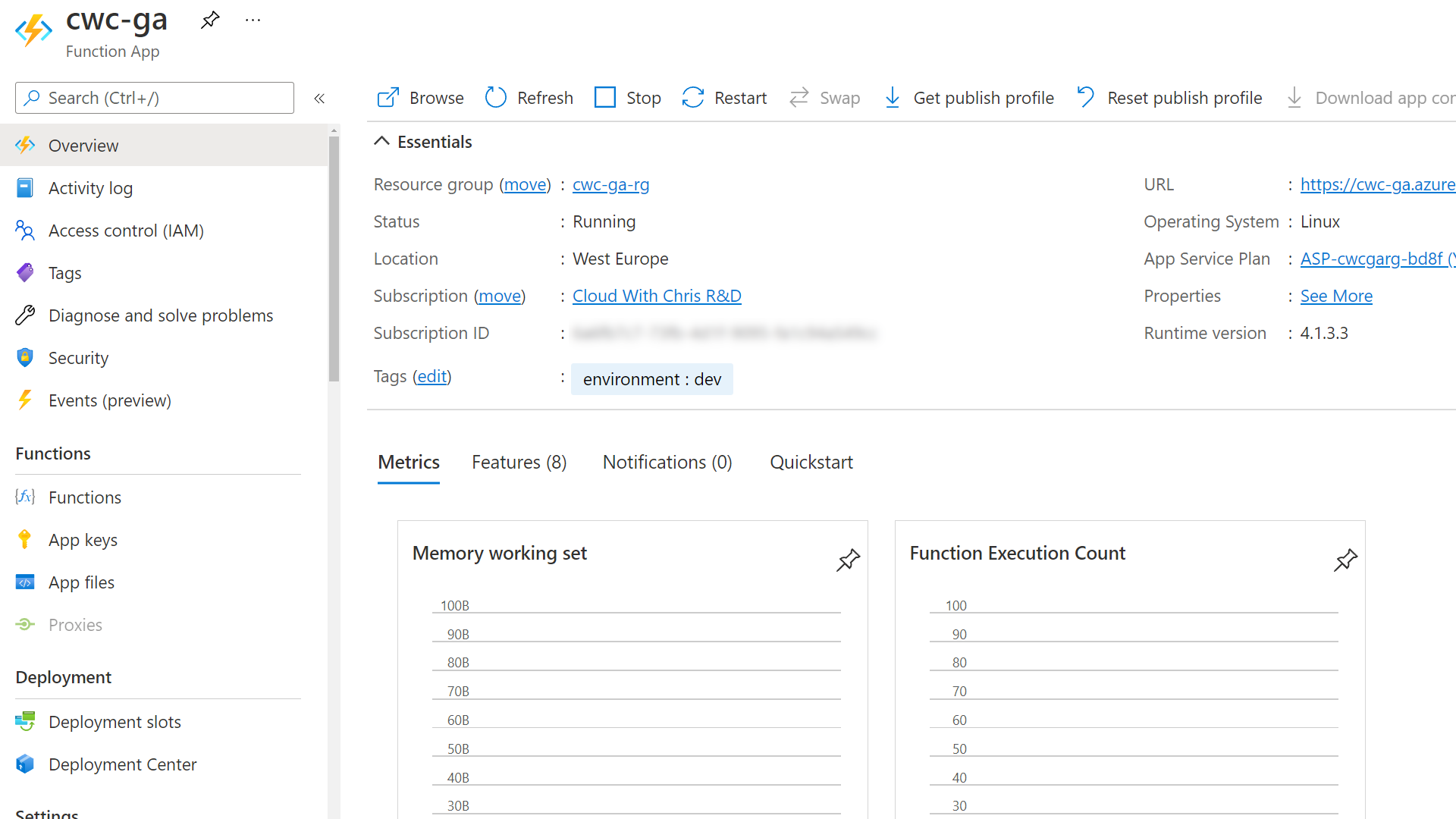 Screenshot showing the Azure Function deployed in the Azure Portal