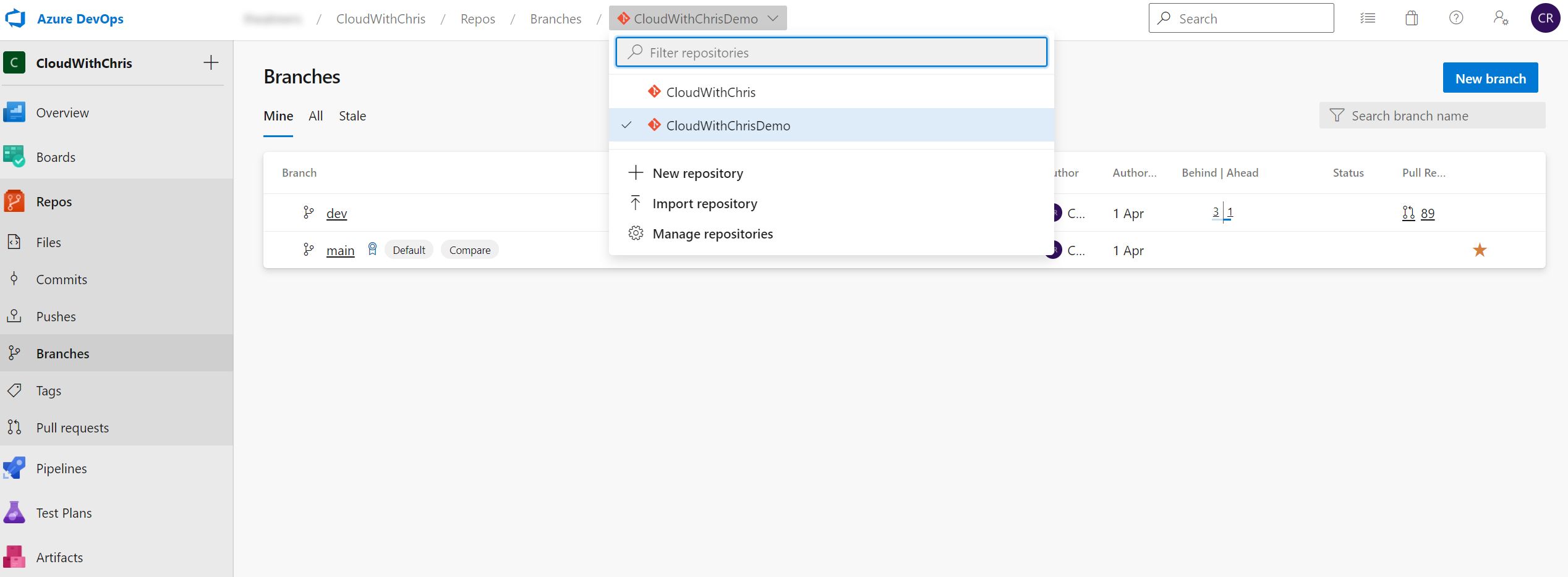 Screenshot showing multiple options for the Git Repository in the dropdown at the top of the Branches page in Azure Repos