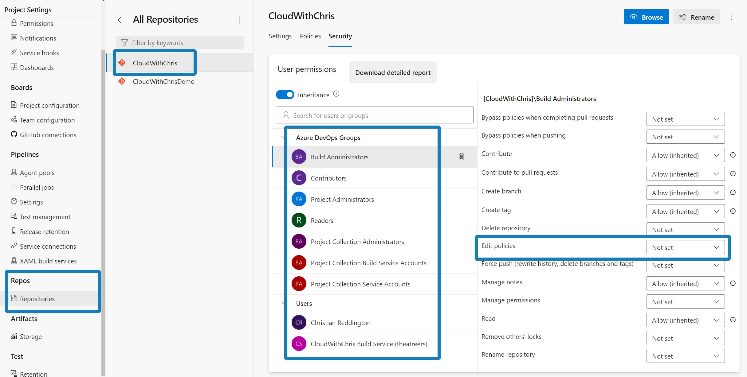 Screenshot showing the user interface to update permissions for Azure DevOps Groups within a repository