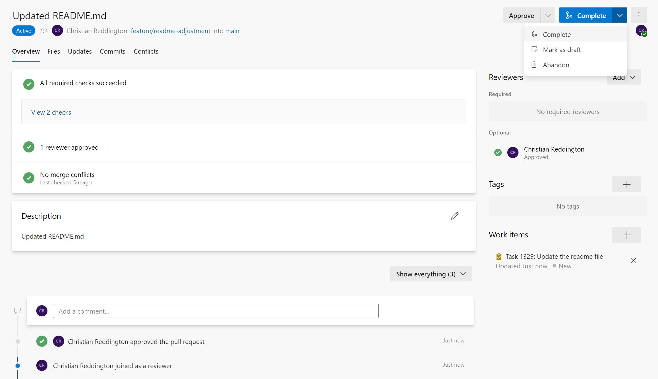 Screenshot showing that the pull request has completed all checks and is ready to be merged into the main branch.