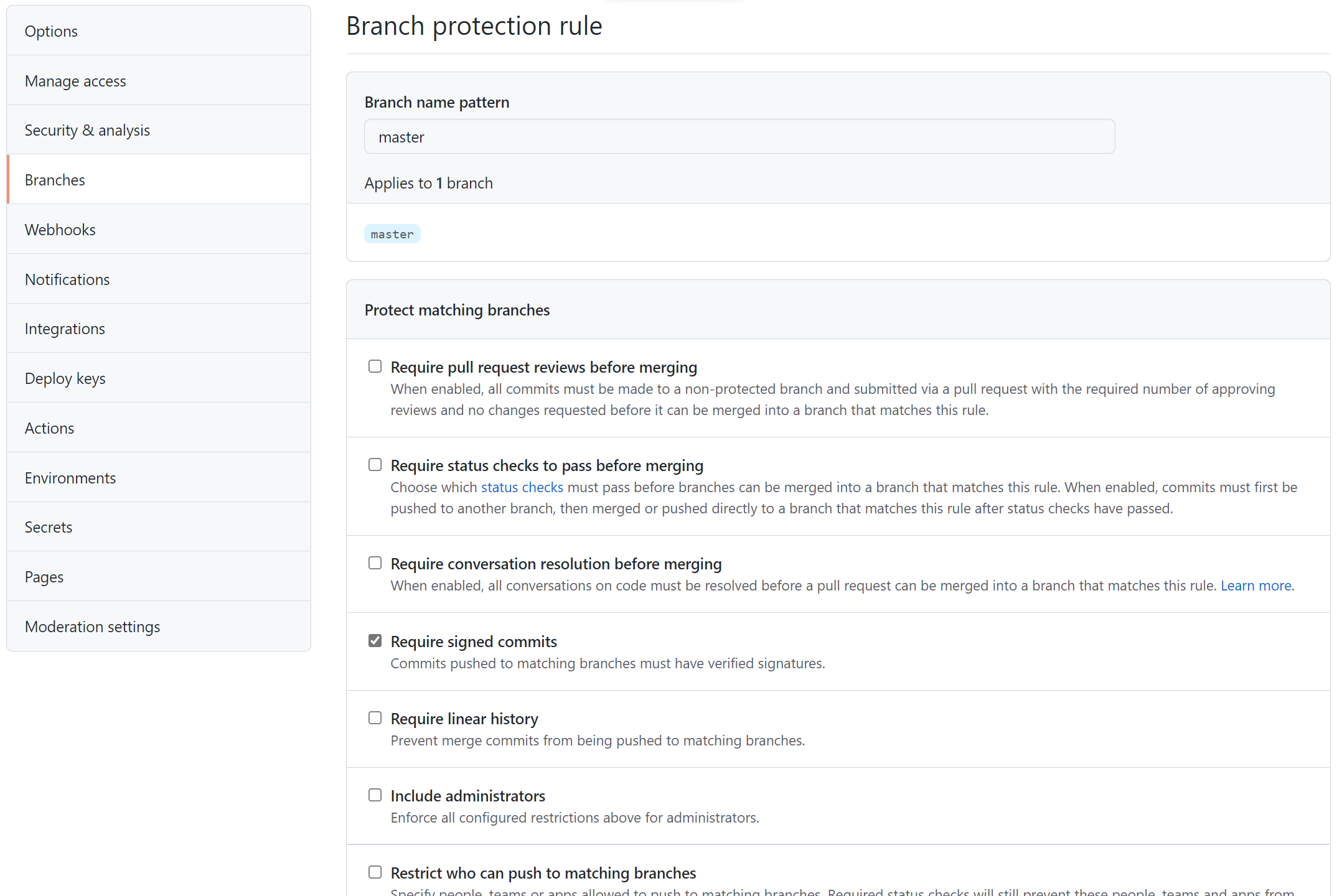 Screenshot showing the Branch Protection Rules configured for the main branch of the cloudwithchris.com repository. It shows that signed commits are required. It showed that require pull request reviews before merging, require status checks to pass before merging, require conversation resolution before merging, require linear history and include administrators are not required.