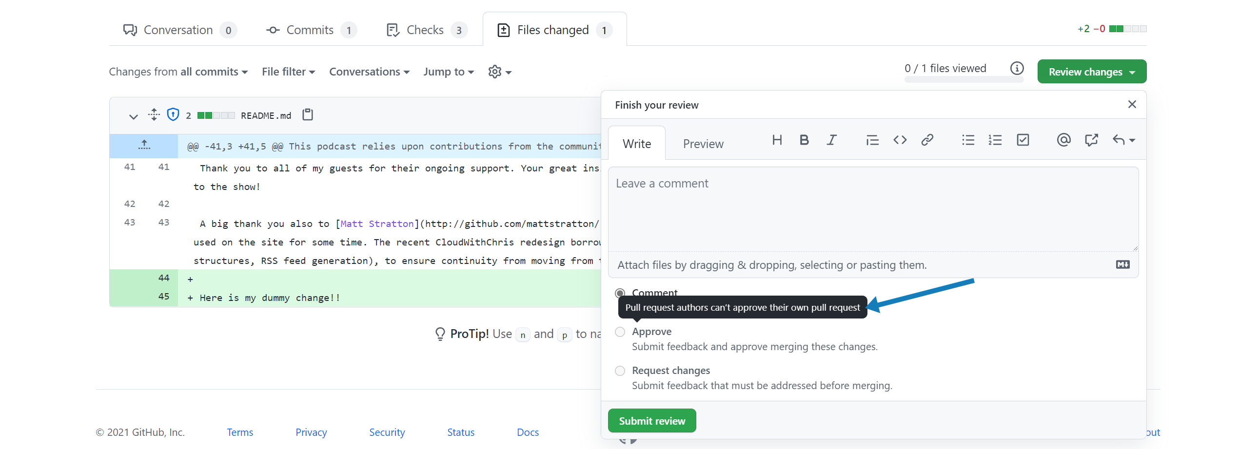 Arrow pointing to the popup that shows users cannot approve their own changes in a Pull Request