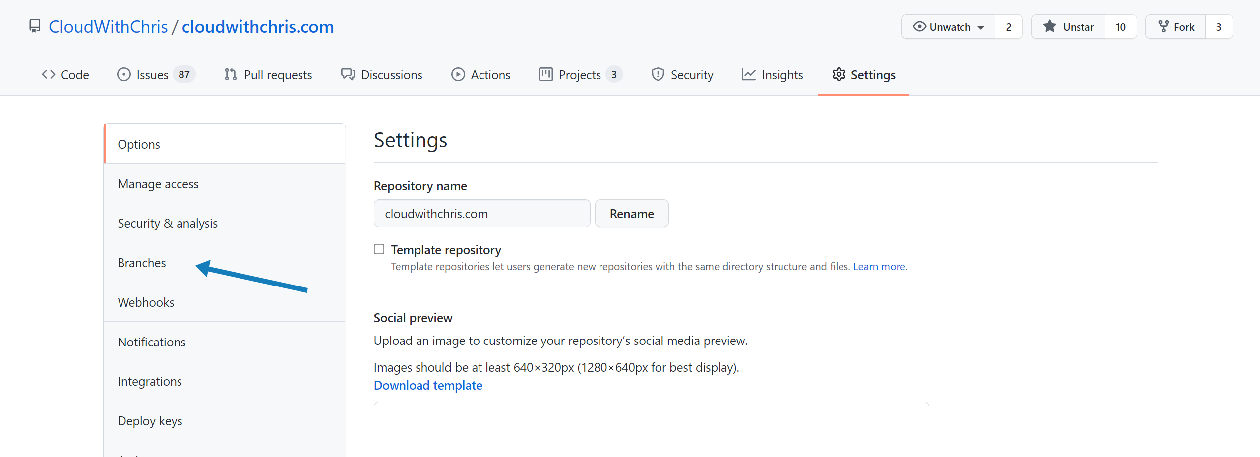 Arrow pointing to the Branches option in the settings page of the cloudwithchris.com GitHub Repository