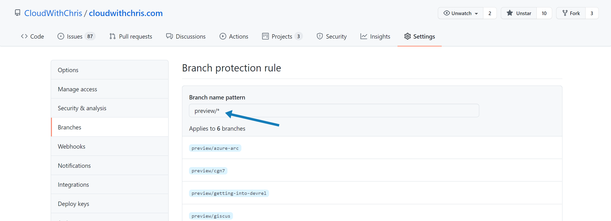 Arrow pointing to the Branch name pattern input box on the Add new Branch Protection Rules Page