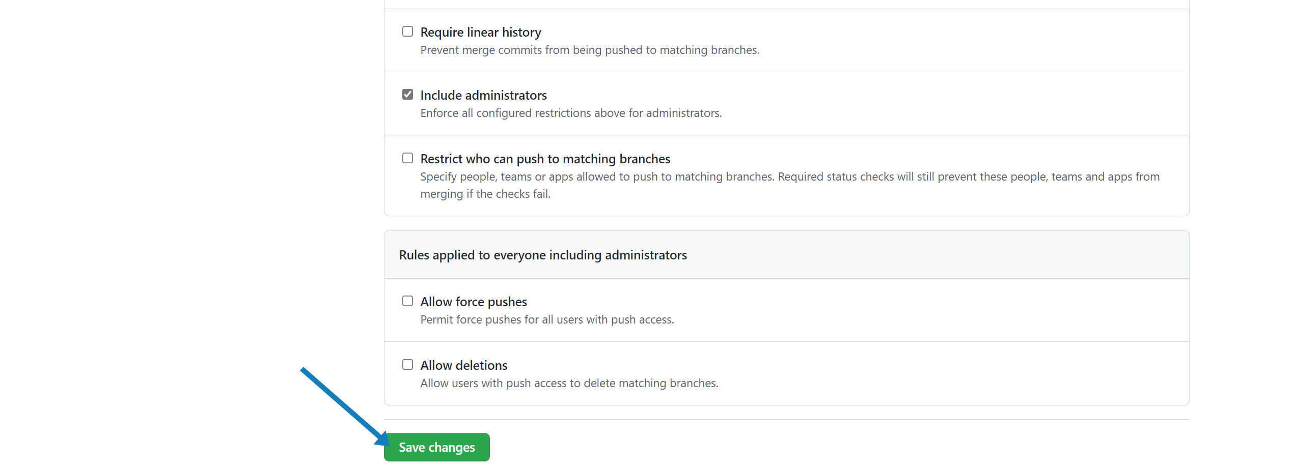 Arrow pointing to the Save changes button on the Add new Branch Protection Rules Page