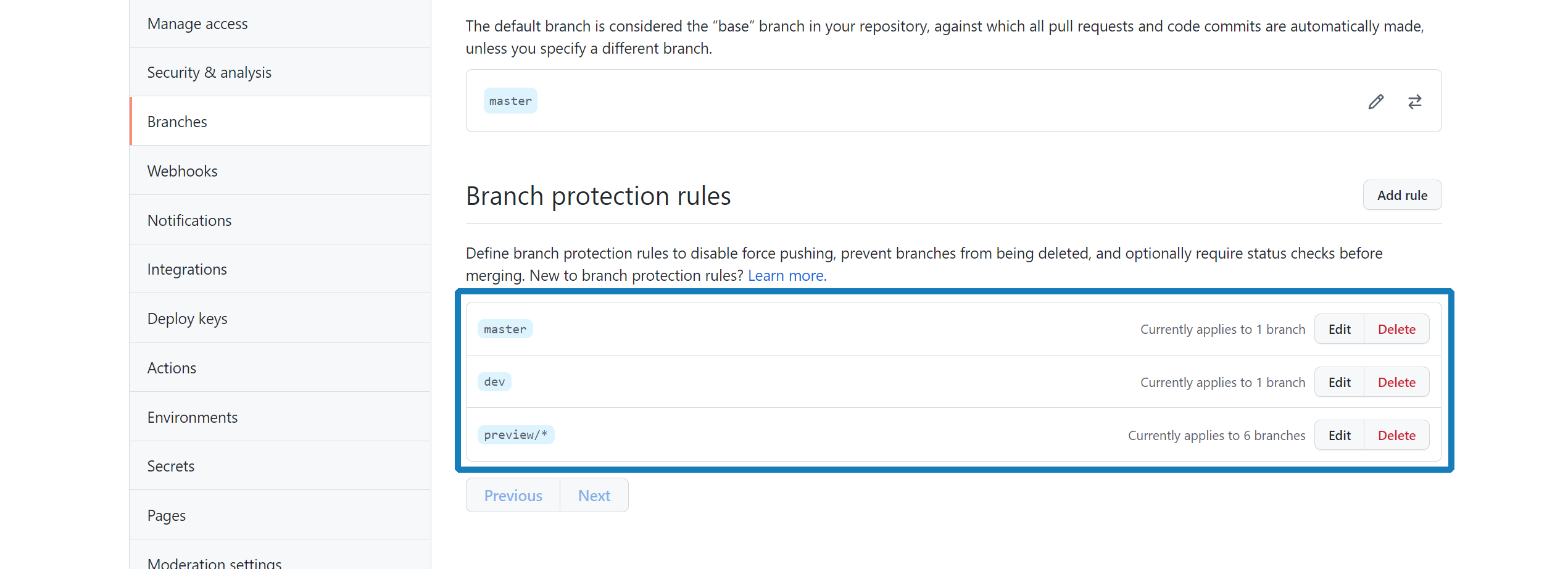 Box highlighting the branch protection rules (One for master, one for dev, and one for preview/*) on the Branch Protection Rules pages