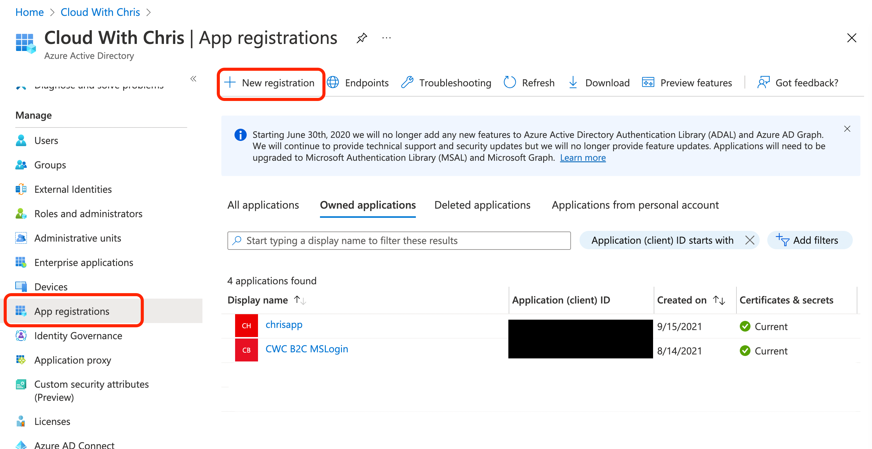 Screenshot showing the Azure Active Directory App Registration page