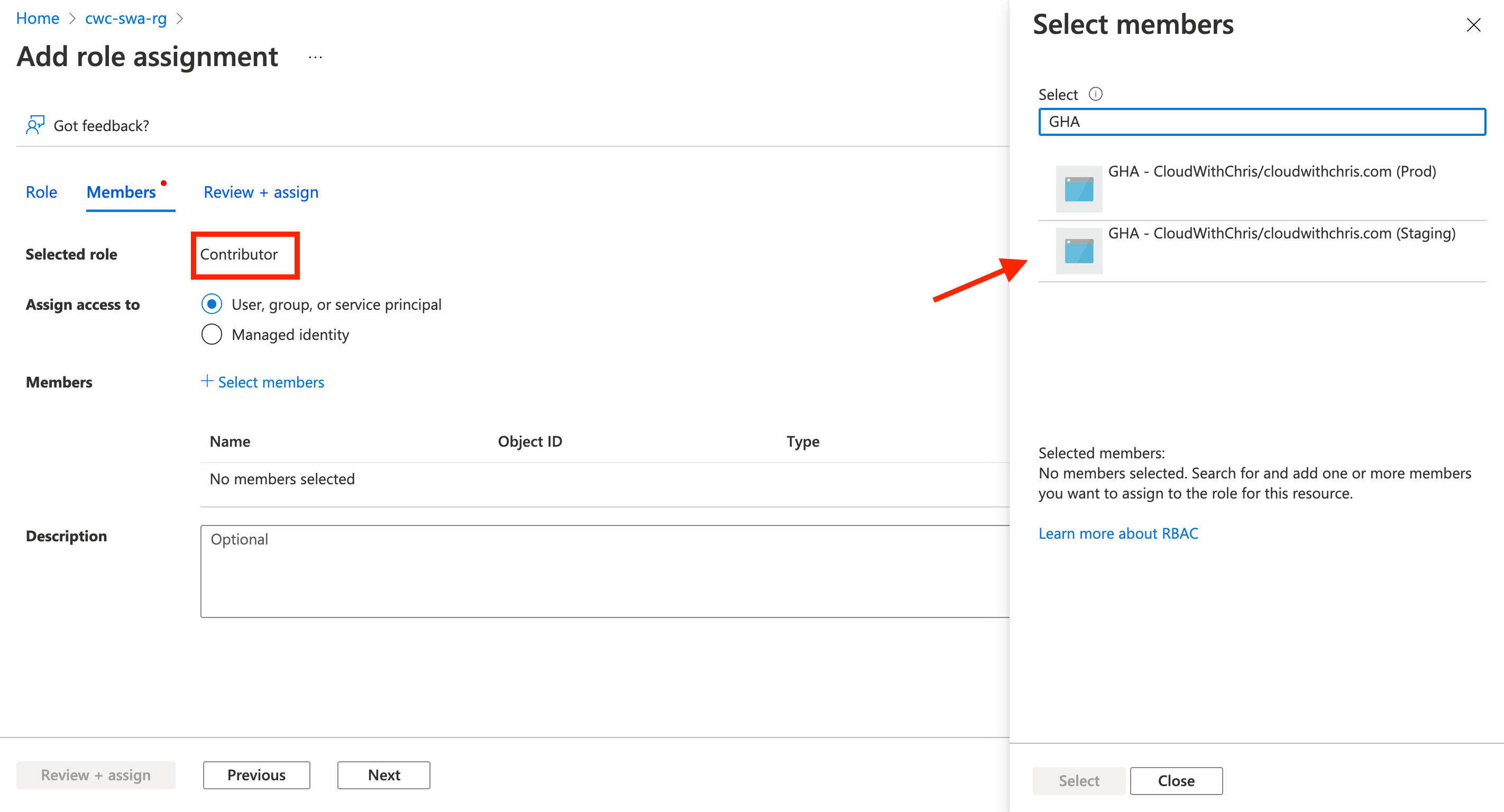 Screenshot capturing the process mid-flow assigning a role to the GHA - CloudWithChris/cloudwithchris.com (Staging) App Registration