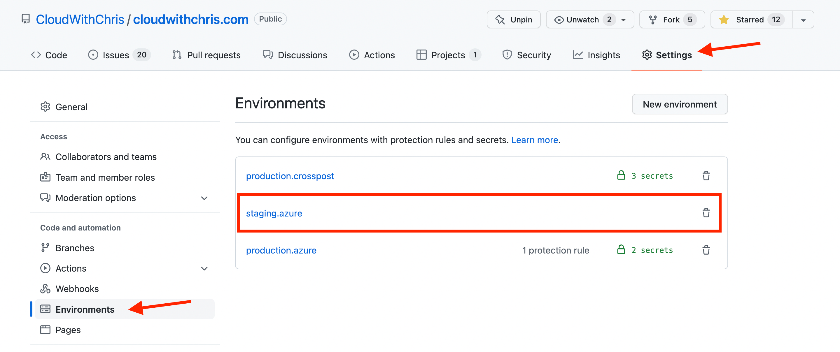 Screenshot showing the environments configured in the CloudWithChris/cloudwithchris.com GitHub repository. There are 3 environments - production.crosspost, staging.azure and production.azure.