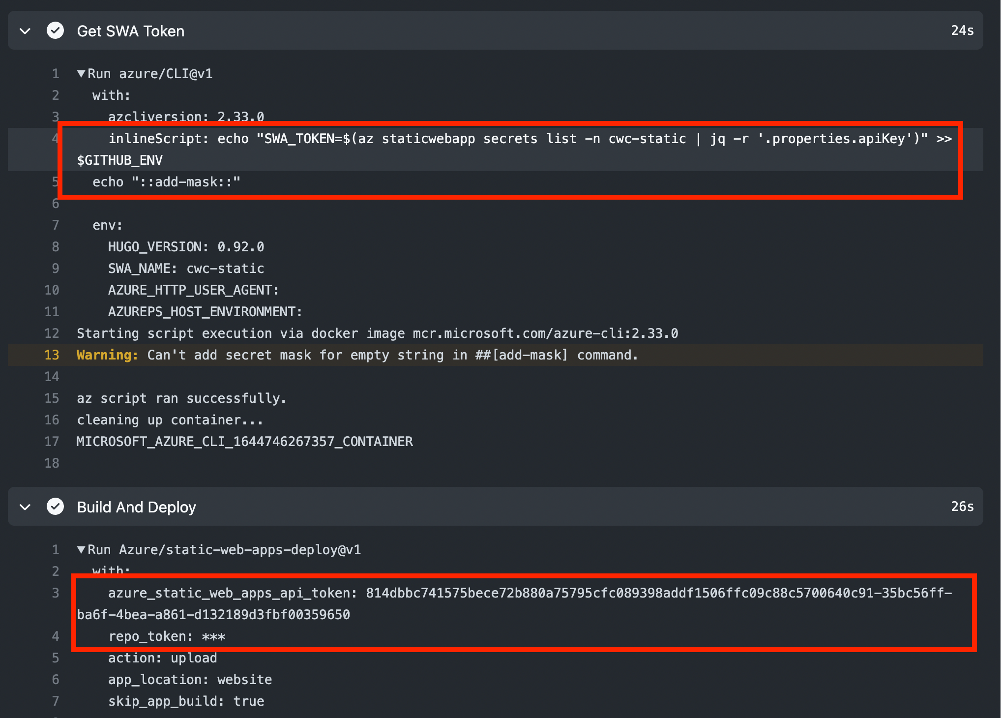 Screenshot showing the single step combining the Mask and Azure CLI in one, resulting in a leaked credential in the azure/static-web-apps-deploy step as the masking has not correctly been configured