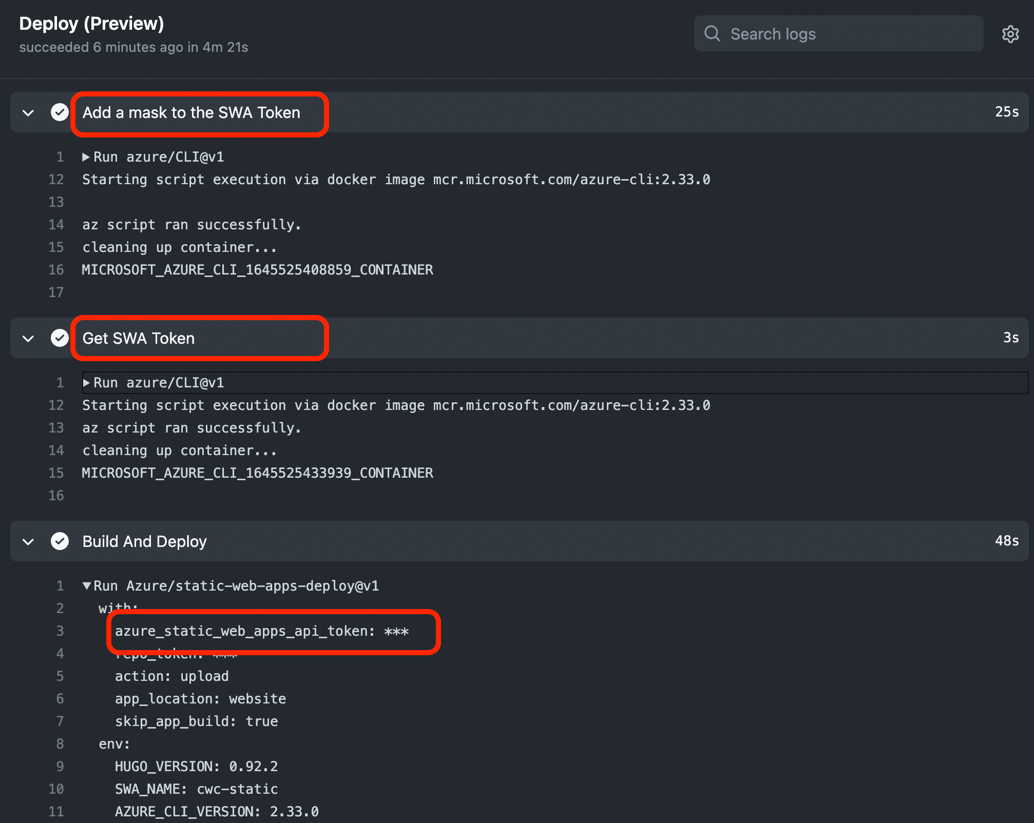 Screenshot showing the steps separating the Mask and Azure CLI in two, resulting in the credential being masked in the azure/static-web-apps-deploy step