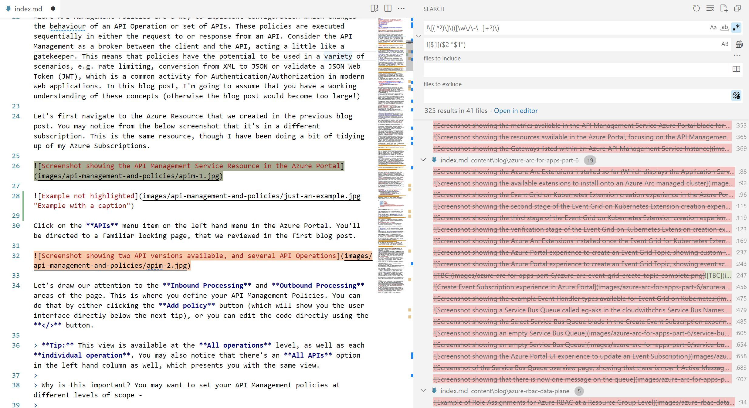 On the right hand side, you can see that the Find section contains the Regular Expression referenced above. The replace section, then outputs the desired pattern (which will then display the caption of the image). In the editor pain, it shows that the Image markdown references without captions are selected, whereas one a caption is not selected. The right hand pane shows that there are 325 image references identified across 41 files.