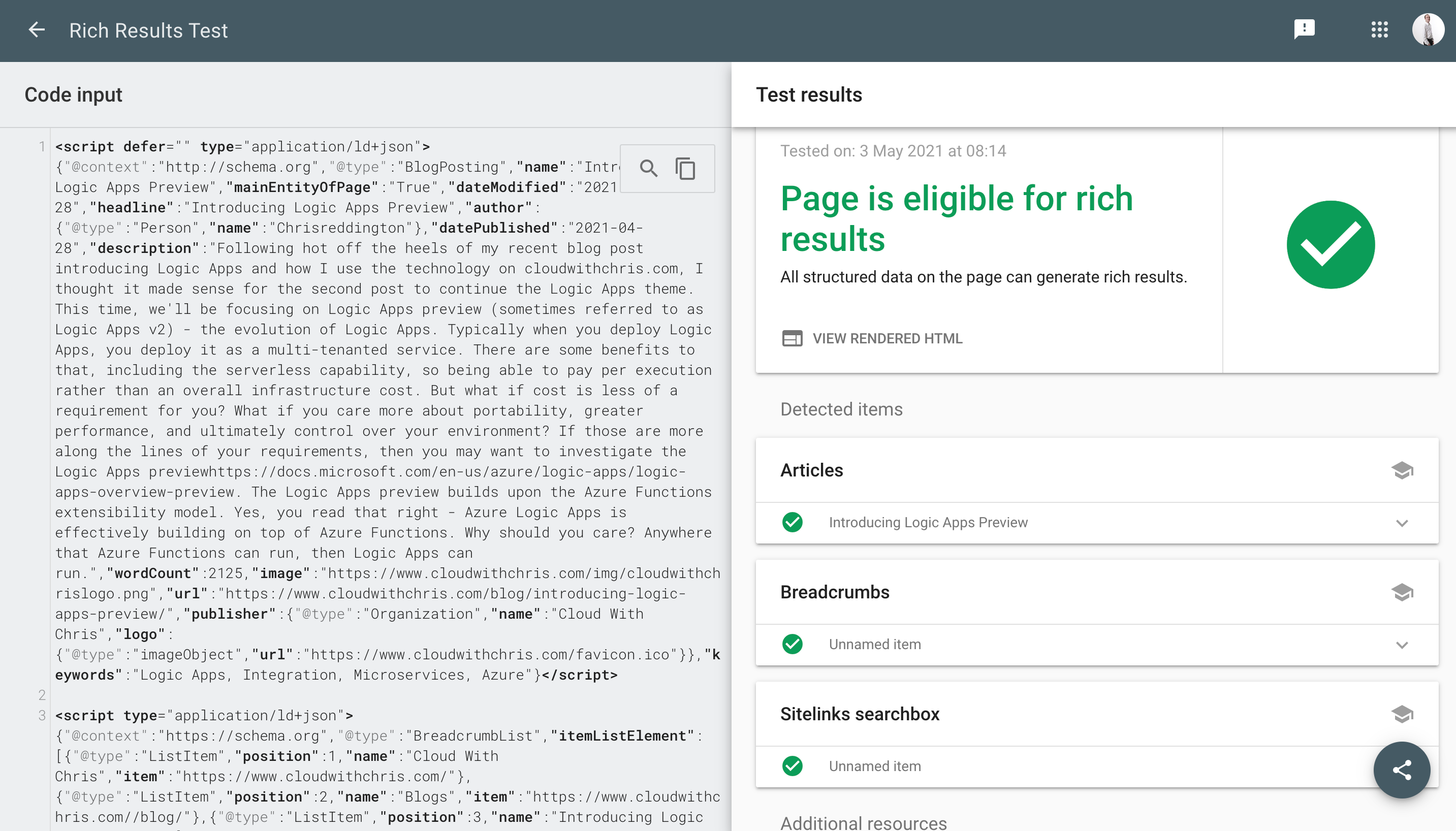 Example schema.org validation in Google Rich Results Test