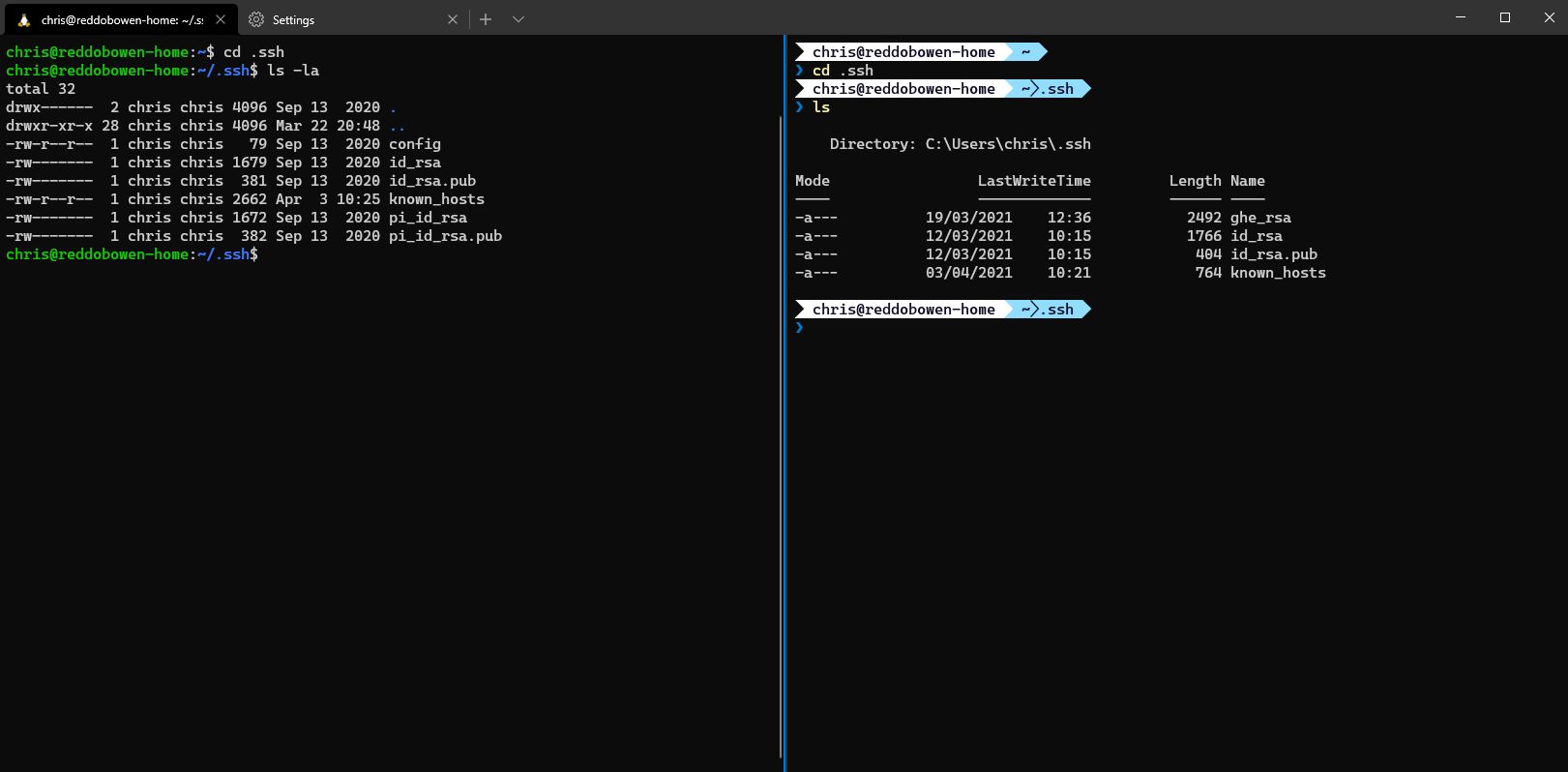 Listing of .ssh directories in WSL and Windows, showing different keys